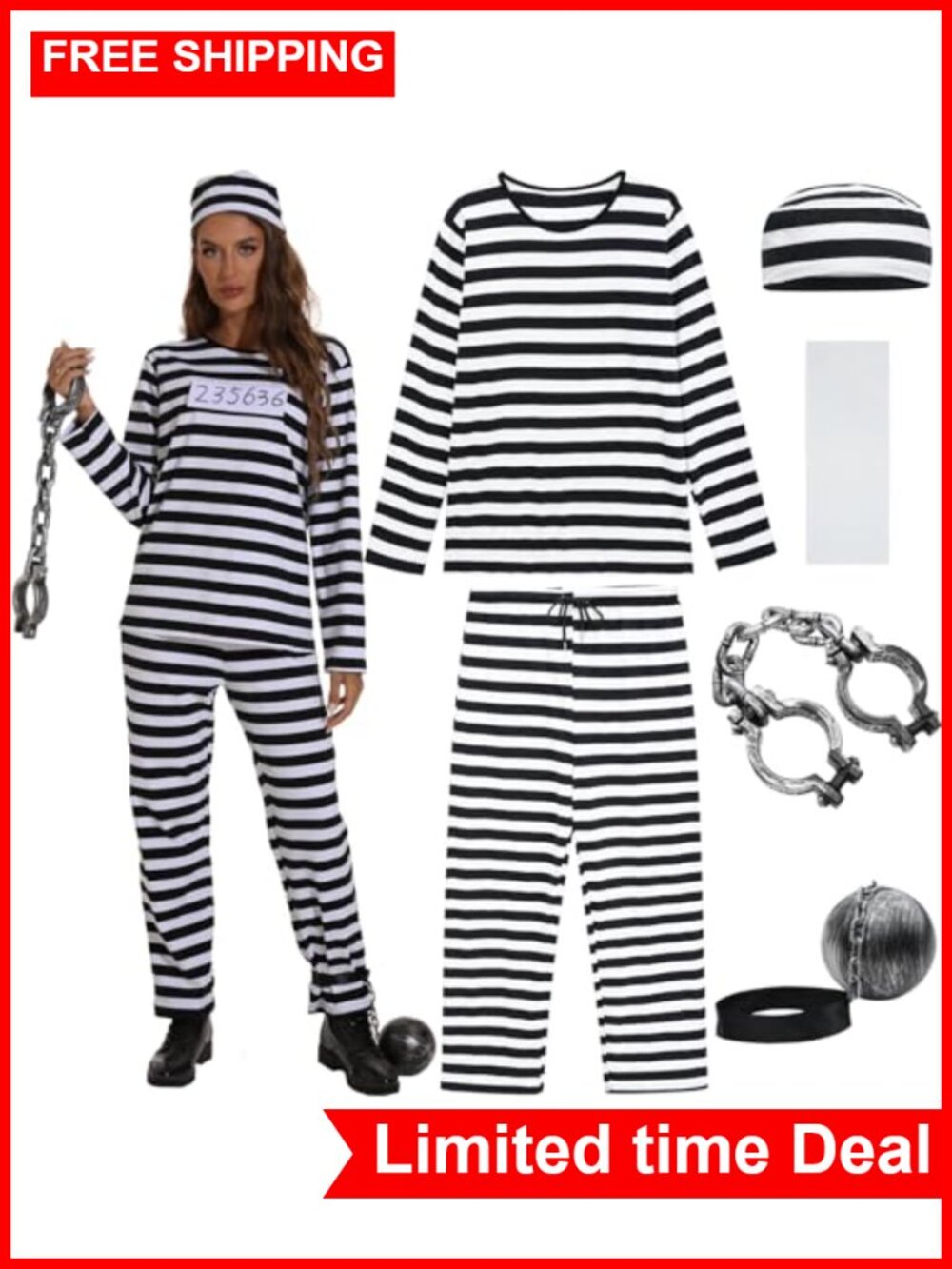 Prisoner Halloween Costume Women Jailbird Jumpsuit with Shackles